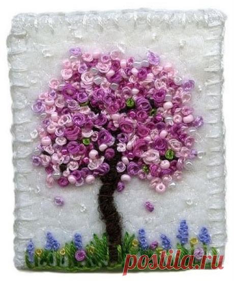 Вышивка лентами. Французский узелок - прием в технике Рококо.