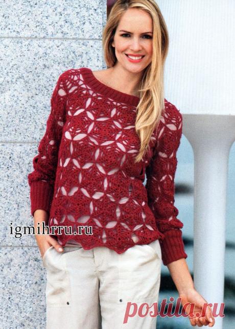 Темно-красный пуловер из мотивов «звезда». Крючком. / igmihrru.ru