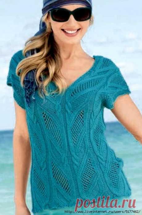 Летняя кофточка с ажурным узором.
У нас есть МК по вязанию этого узора)) https://youtu.be/VAaGVK8U0w4
Кофточка этой модели подходит для любого случая и для любого стиля в одежде благодаря простому крою. Яркий бирюзовый цвет напоминает о морских волнах. Узор потребует наличия некоторых навыков при вязании, но результат того стоит.
Чтобы связать спицами кофточку размера 46/48, потребуется:
450 г пряжи (100% хлопок, 125 м/50 г), спицы № 3,5.
Описание вязания :
Спинка: ...
