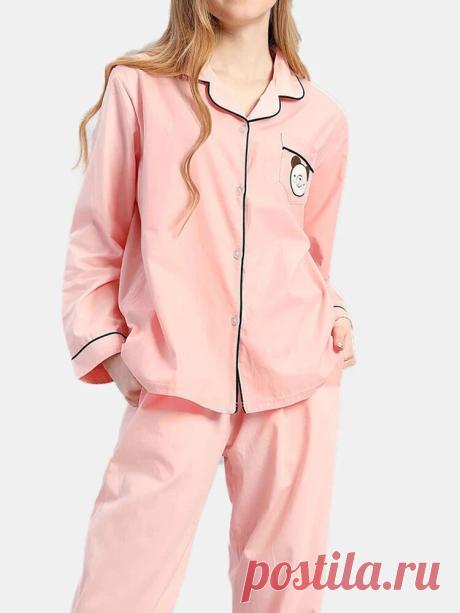Plus Size Women 100% Cotton Cartoon Applique Lapel Long Pajamas Sets With Contra - US$27.99