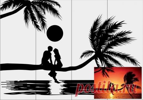 Пескоструйный рисунок влюблённые на пальме для плоттерной резки, дизайнерский шкаф-купе.