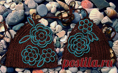 Материалы: 
- 3 мотка шоколадных ниток для основы (33% вискоза, 67% хлопок, 50 г., 158 м.) 
- немного бирюзовых ниток (например 100% мерсеризованный хлопок "Ирис" ) 
- крючок подходящего размера 
- иголка и нитки в цвет купальника