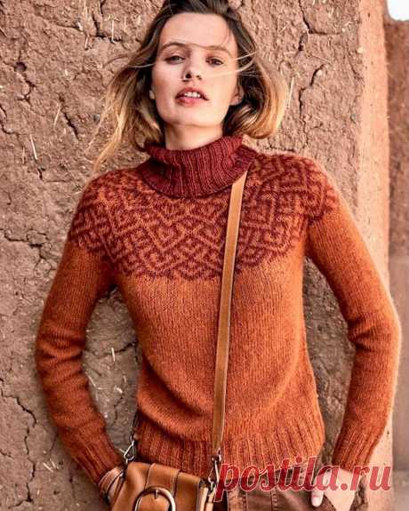 Пуловер с круглой кокеткой жаккардовым узором РАЗМЕРЫ: 36/38 (40/42) 44/46ВАМ ПОТРЕБУЕТСЯПряжа (72% хлопка, 17% овечьей шерсти, 11% шерсти альпака; 215 м/50 г) — 200 (250) 300 г терракотовой и 50 (100) 100 г бордовой;спицы №4 и 4,5; круговые спицы №4,5 длиной 80 см и 60 см; круговые спицы №4 длиной 40 см.РЕЗИНКАВязание (спицы...