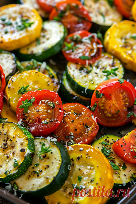 Roasted Garlic-Parmesan Zucchini, Squash and Tomatoes Savor the perfect blend of summer flavors with this Roasted Garlic-Parmesan Zucchini, Squash, and Tomatoes recipe. Featuring garden-fresh zucchini, yellow squash, and juicy tomatoes seasoned with garlic, Italian herbs, and a generous sprinkle of Parmesan cheese, this dish is a delightful, easy-to-make side for any meal.