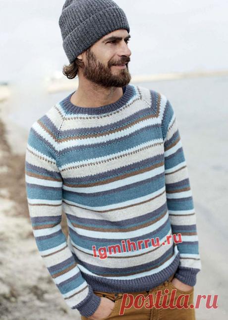 Мужской пуловер в разноцветную полоску. Вязание спицами со схемами и описанием