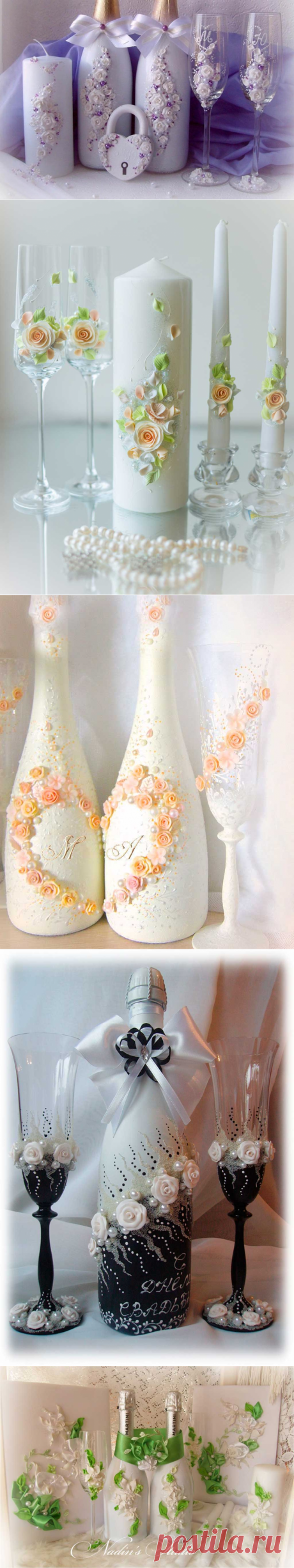 Свадебные бокалы, украшенные элементами полимерной глины