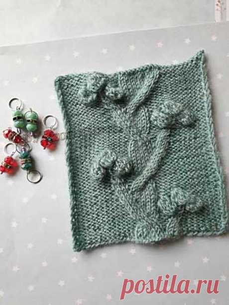 Веточка с шишечками - красивый и плотный узор.
Раппорт узора составляет 26 петель + 2 кромочные и 24 рядов.
На схеме даны только лицевые (нечетные) ряды.
В изнаночных (четных) рядах все петли вязать по рисунку.
В ширину начать с кромочной петли, повторять раппорт, закончить петлями после раппорта и кромочной петлей.
В высоту повторить с 1-го по 24-й ряд.