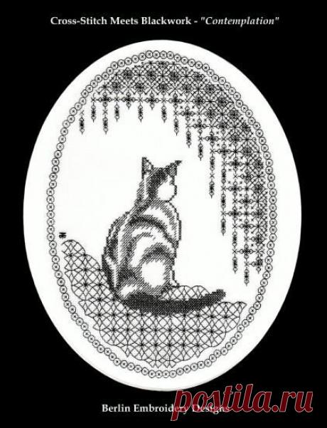 Cross-Stitch Meets Blackwork Cat: Beginners design combining cross-stitch with blackwork patterns
