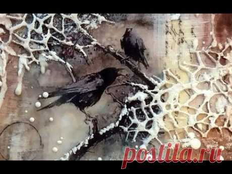 Микс медиа энкаустика панно "Вороны" анонс онлайн мастер-класса Анны Грабежевой