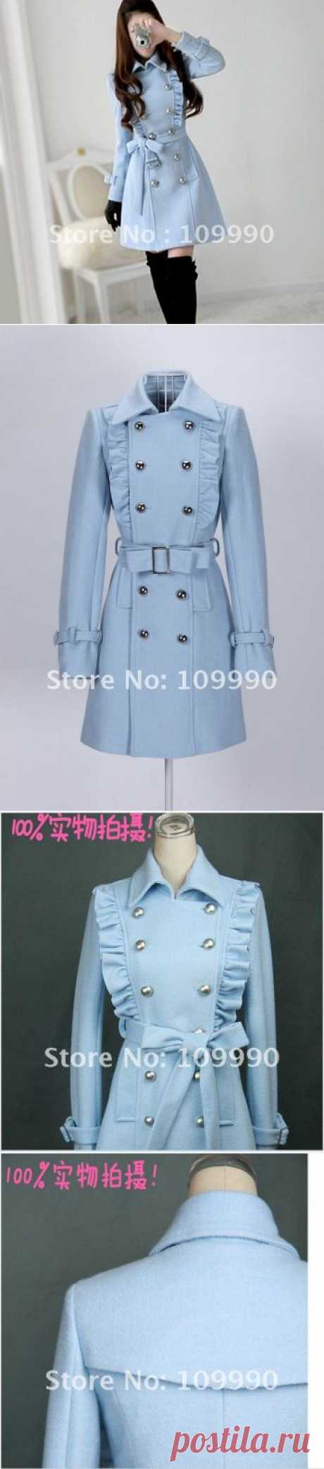 Winter new fashion double breasted solid blue woollen long coat women falbala uniform slim overcoat free shipping S/M/L/XL thick, принадлежащий категории Шерсть и сочетания и относящийся к Одежда и аксессуары на сайте AliExpress.com