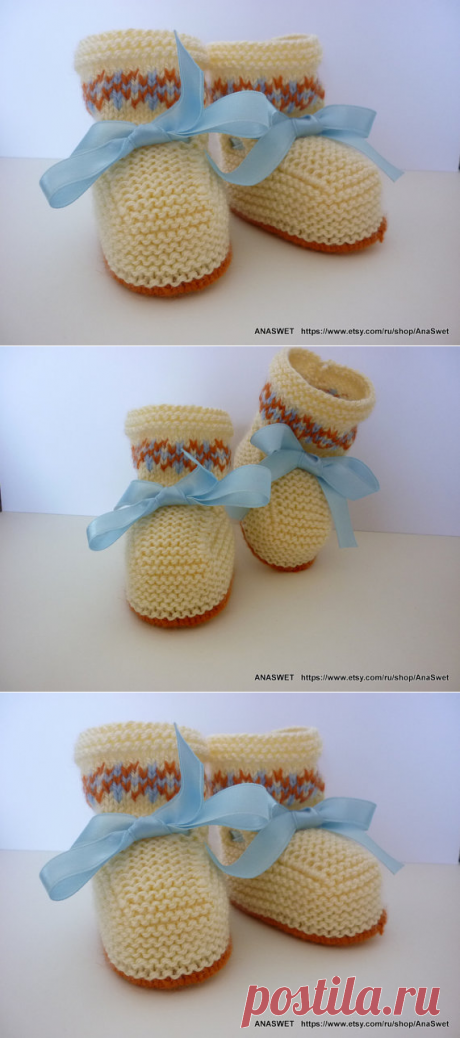 Knitted baby booties/slippers/shoes in natural colors with a