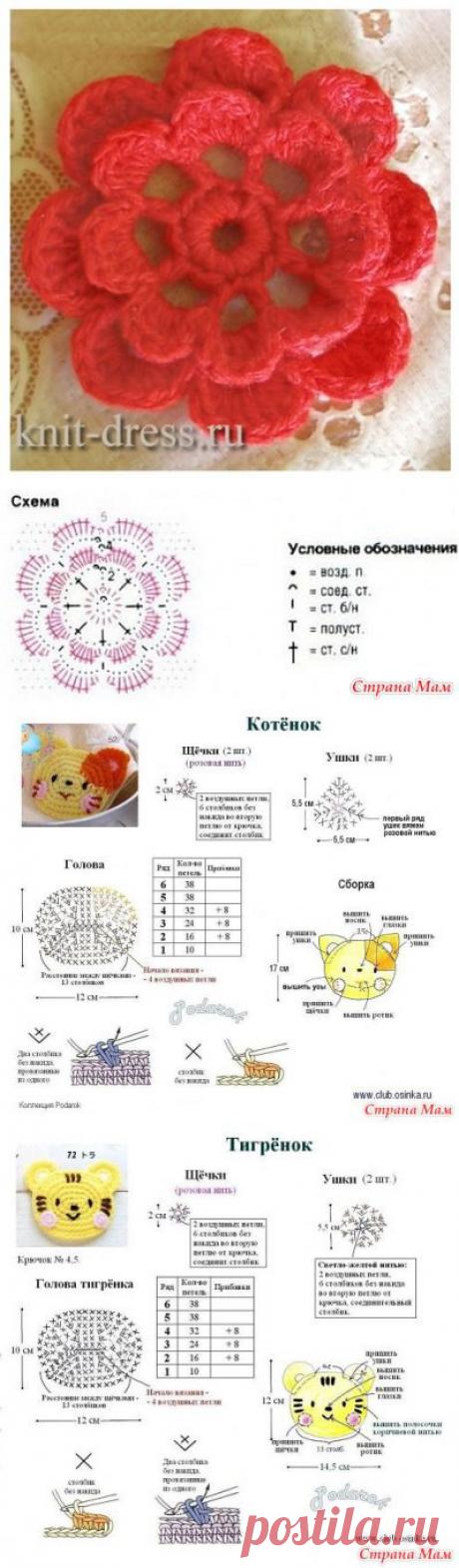 Схемки аппликаций крючком (цветочки, мордочки, бабочки) - Копилка узоров - Страна Мам