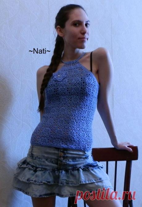 Голубой топ из мотивов.
Размер: 42.
Состав: 100% хлопок
Пряжа: Семёновская "Кабле".
Для этого топа я делала схему, посмотреть её можно тут: https://vk.com/vazanie_ot_nati?w=wall-42712638_336
Узнать моём творчестве подробнее можно в моей группе