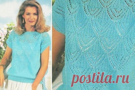 Голубая кофточка с ажурной отделкой Летняя кофточка вяжется простым прямоугольным полотном. Благодаря отсутствию линии пройм, мы получаем небольшое спущенное плечо, имитирующее короткий рукавчик.Размеры 44/46.Вам потребуются: хлопковая пряжа (175 м / 50 г) — 550 грамм, спицы № 2,5 и №3.Используемые узорыРезинка 1 х 1:...