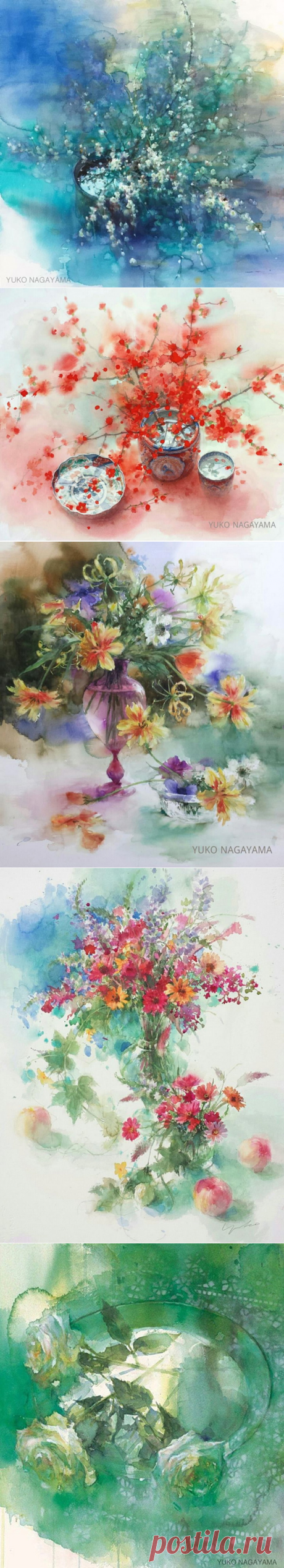 ХУДОЖНИК YUKO NAGAYAMA. Моё утро утонуло в запахах мимозы, розовых лепестков, отправляющихся в дальнее плавание по глади воды, тонкие фарфоровые чашки и прозрачные шёлковые платки. Сколько нежности в её акварелях.
