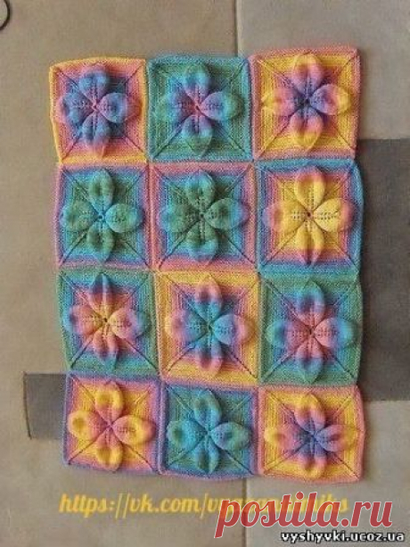 Плед спицами
Нитки: по выбору
Спицы: набор чулочных 3,5мм
Квадраты вяжутся каждый отдельно от центра, затем сшиваются, соединяются крючком (возможны варианты)
Описание - избрать 8 петель и распределить их на 4 спицы. Описание дано только для одной спицы, следовательно каждый ряд описания нужно повторить 4 раза
Ряды / Описание
1 (накид, 1лиц) 2 раза
2 лиц
3 (нанид, 1лиц) 4 раза
4 1изм, 5 лиц, 1изн, 1 лиц
5 (накид, 3 лиц, накид, 1 лиц) 2 раза
6 2 изн, 7 лиц, 2 изн, 1 лиц...