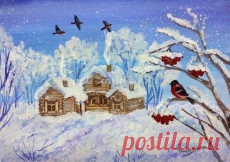 Как нарисовать зимний пейзаж гуашью