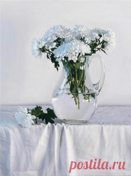 Схема вышивки «Белые хризантемы в стеклянном кувшине» - Вышивка крестом