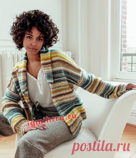 Жакет с чередование разноцветных полос. Вязание спицами со схемами и описанием