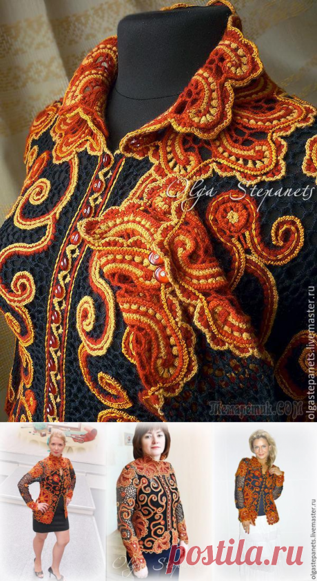 Вяжем крючком оригинальный жакет с коловратами в цветах хохломской росписи