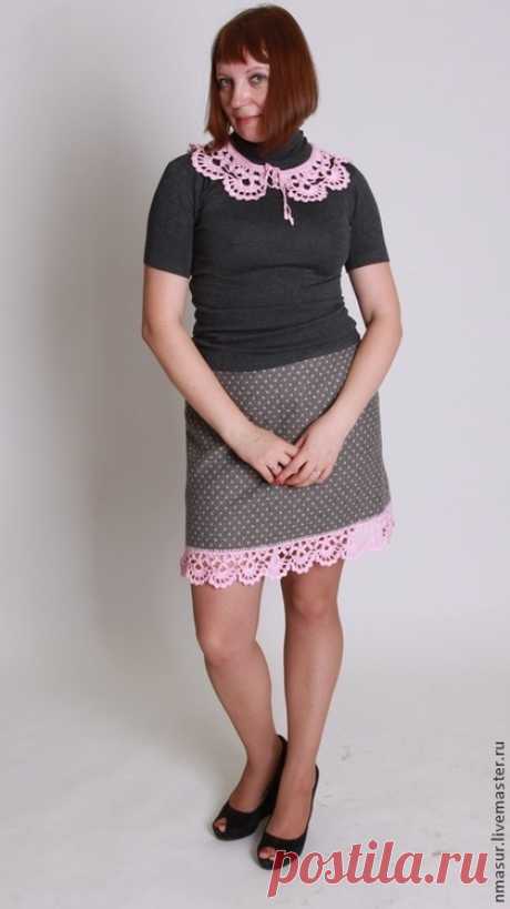 Купить Шерстяная юбочка "Розовые кружева" - серый, в горошек, юбка, юбка до колен, горошек