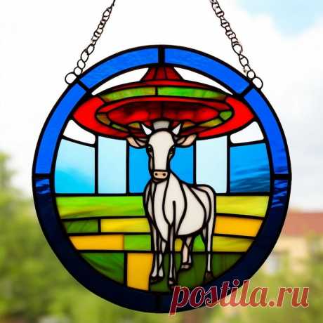 Platillo volador OVNI y vaca Vidrieras Suncatcher OVNI Secuestro una vaca novedades panel de ventana Arte de pared Espacio Decoración única del jardín Idea de regalo - Etsy Chile