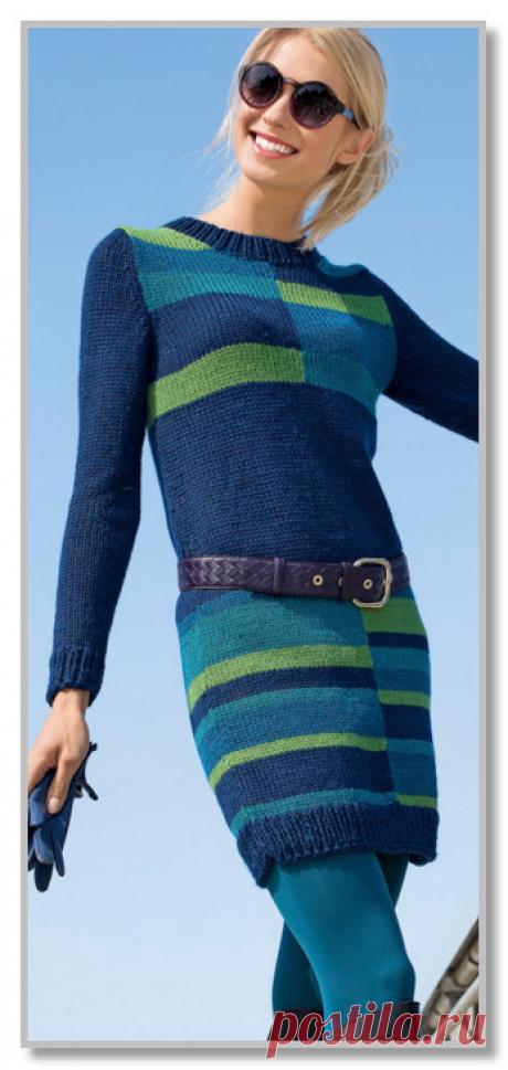 Вязание спицами. Описание женской модели со схемой и выкройкой. Прямое платье с цветным геометрическим рисунком. Размеры: 36/38 (40/42) 44/46
