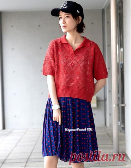 Филейная красная футболка. Крючком