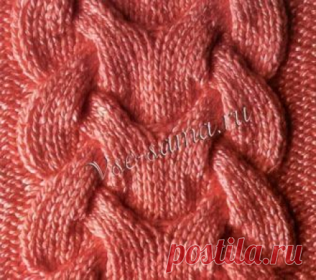 Узор - Королевская коса Стильный узор, берем себе на заметку! Широкий мотив с косами на 30 п., который выполняется на фоне изн. или лиц. глади.  1-й р. лиц. п.  2-й и все четные изн. ряды: изн. п.  3-й р.: * 10 лиц. перекрестить налево (= 5 п. оставить на вспом.