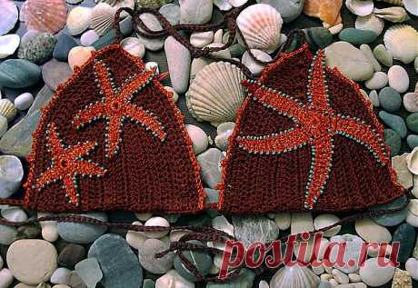 Материалы: 
2 мотка шоколадных ниток для основы (33% вискоза, 67% хлопок, 50 г., 158 м.) 
1 моток рыжих ниток (80% вискоза, 20% металлический полиэстр, 25 г., 100 м.) 
крючок подходящего размера 
упаковка бисера небесно-голубого цвета 
иголка и тонкие нейлоновые нитки в цвет купальника