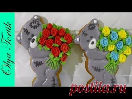 Пряник МИШКА ТЕДДИ Пряники на 8 Марта МК Розы из глазури Рецепт айсинга глазури