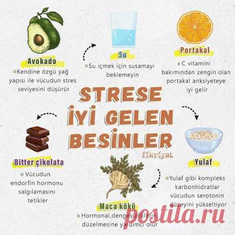 Photo by Fikriyat on March 17, 2021. May be an image of food and text that says 'Su Portakal Avokado oSu içmek için susamayı °C vitamini oKendine özgü yağ beklemeyin bakımından zengin olan yapısı ile vücudun stres portakal anksiyeteye seviyesini düşürür STRESE iyi gelir İYİ GELEN BESİNLER fíkríyat Bitter çikolata Vücudun endorfin hormonu salgılamasını tetikler Yulaf Yulaf gibi kompleks karbonhidratlar vücudun serotonin düzeyini yükseltiyor Maca kökü .Hormonal dengesizlikle...