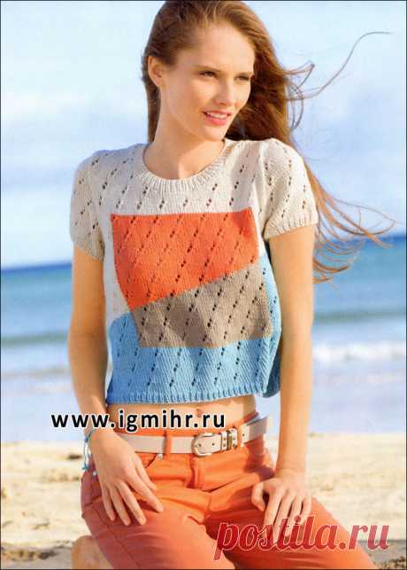 Летний пуловер с графическим узором. Спицы