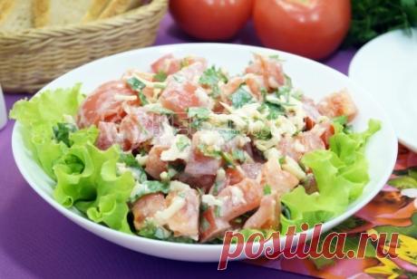 Салат с помидорами и сыром Этот салат с помидорами и сыром отличный выбор для весенних пикников и выездов на дачу. Остренький и очень сочный.