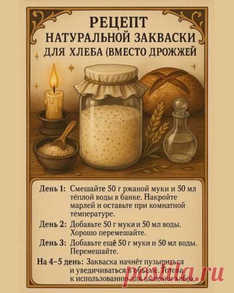 Натуральная закваска вместо дрожжей 
Если вы мечтаете о домашнем хлебе с насыщенным вкусом и невероятным ароматом — попробуйте испечь его на закваске. Она не только делает выпечку более вкусной, но и полезной для здоровья.
 Почему закваска лучше дрожжей?
• Улучшает усвояемость хлеба.
• Придаёт корочке хруст, а мякишу — нежность и воздушность.
• Делает вкус более глубоким, с лёгкой кислинкой.
• Хлеб дольше остаётся свежим.
 Как приготовить закваску:
День 1: Смешайте 50 ...