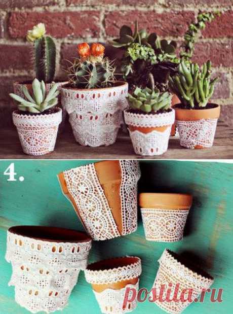 Декорирование цветочных горшков кружевом | Умелые ручки