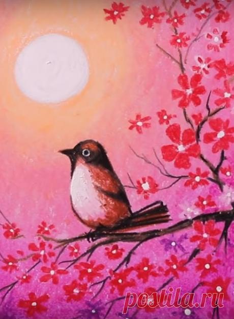Рисуем птичку на цветущей веточке