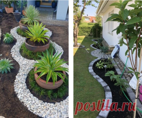 Грядки и цветники необычных форм рекомендуется выложить кирпичами, камнями или галькой. Подобное зонирование приближено к дизайнерскому и выглядит очень благородно.