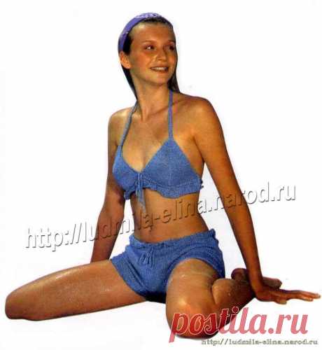 Синий вязаный купальник. Модель с шортиками выполнена спицами и крючком - Купальники - Вязание крючком -МАСТЕР-КЛАССЫ ПО РУКОДЕЛИЮ- Страна рукоделия