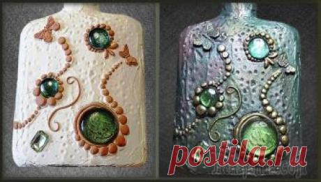 Перламутровый декор бутылки в технике микс медиа. Ваза из бутылки