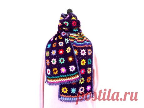 Echarpe crochet granny en laine violet et multicolore : Echarpe, foulard, cravate par handmade-chaumont
