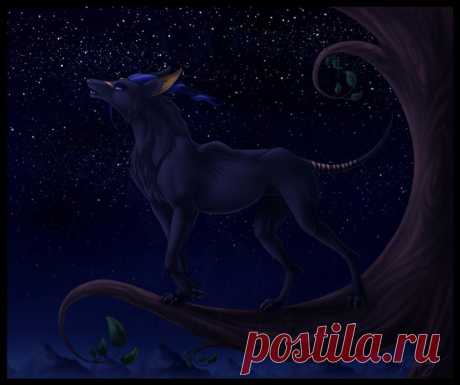 Фото Сказочный зверь забрался на ветку дерева и смотрит на звезды, страница