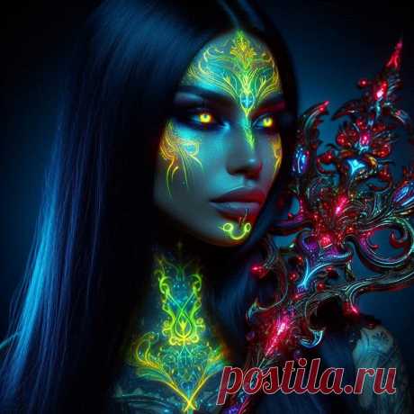 Тёмная колдунья с руническими татуировками и светящимся оружием в руках. Нейросеть Далли 3 - Dalle примеры промтов - Форум ИИ о нейросетях - Yes Ai