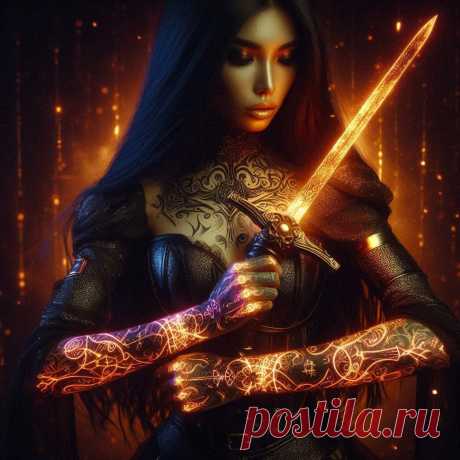 Тёмная воительница с татуировками и светящимся мечом в руках. Генерация из нейросети Dalle 3 - Dalle примеры промтов - Форум ИИ о нейросетях - Yes Ai