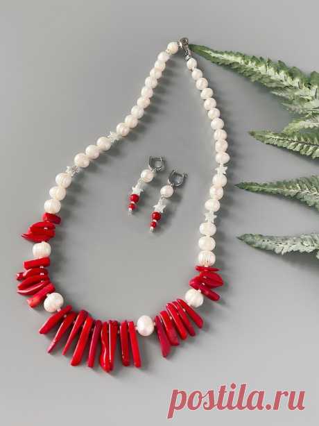 Pearl Attached Red Coral Necklace & Earrings Pearl Necklace - Etsy Ukraine