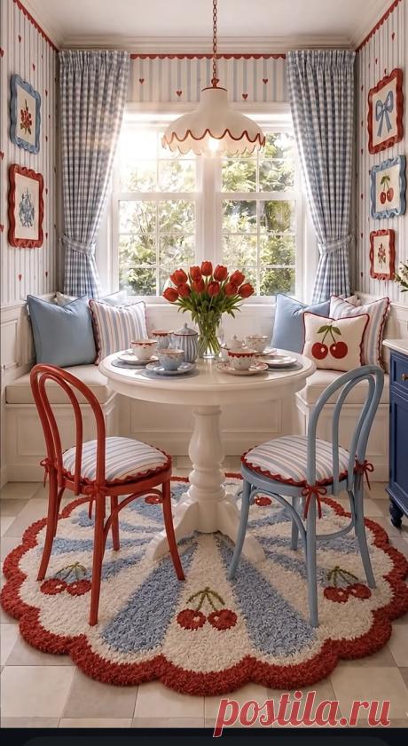 Red white blue vintage kitchen | Blue and red kitchen, Blue and red house interior, Cottage interiors