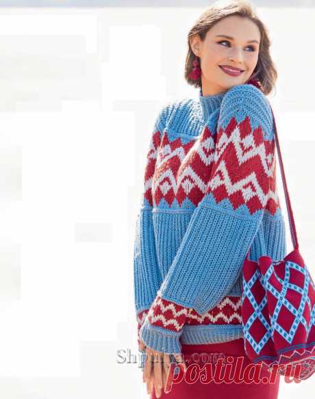 Яркий пуловер с воротником-стойкой связан ярким контрастом светло-голубых участков патентного узора и жаккардовыми полосами в красно-белой гамме из мягкой полушерстяной пряжи.