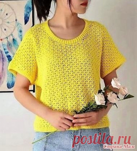 Ажурный топ крючком яркого лимонного цвета