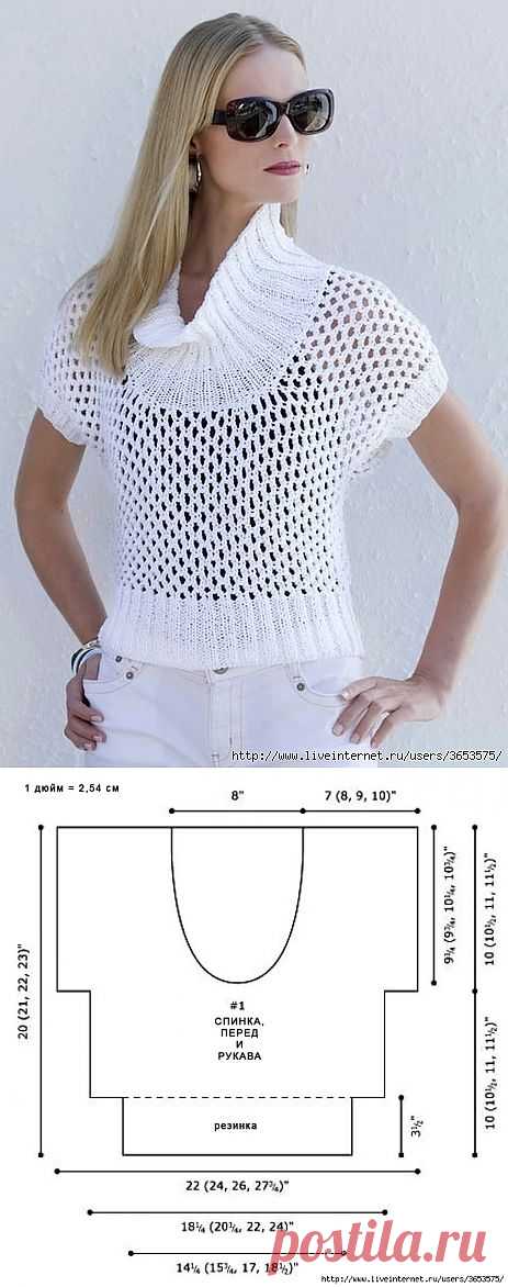 Пуловер с воротом типа хомут, основной узор -крупная сеточка,спицы, просто и эффектно.
