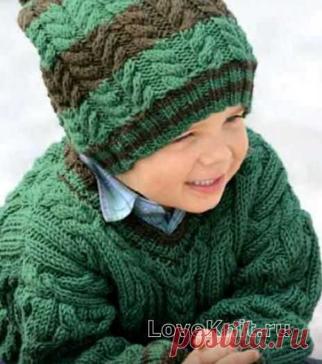 Объемный детский пуловер с V-образным вырезом и шапка с помпоном | схема Спицами | Люблю вязать